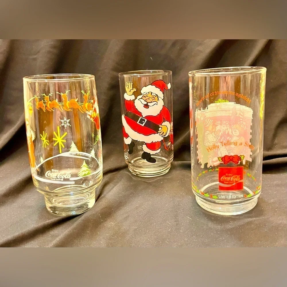 3 Vtg Christmas Tumbler Glasses Mixed Lot Coca Cola McCrory American Greetings